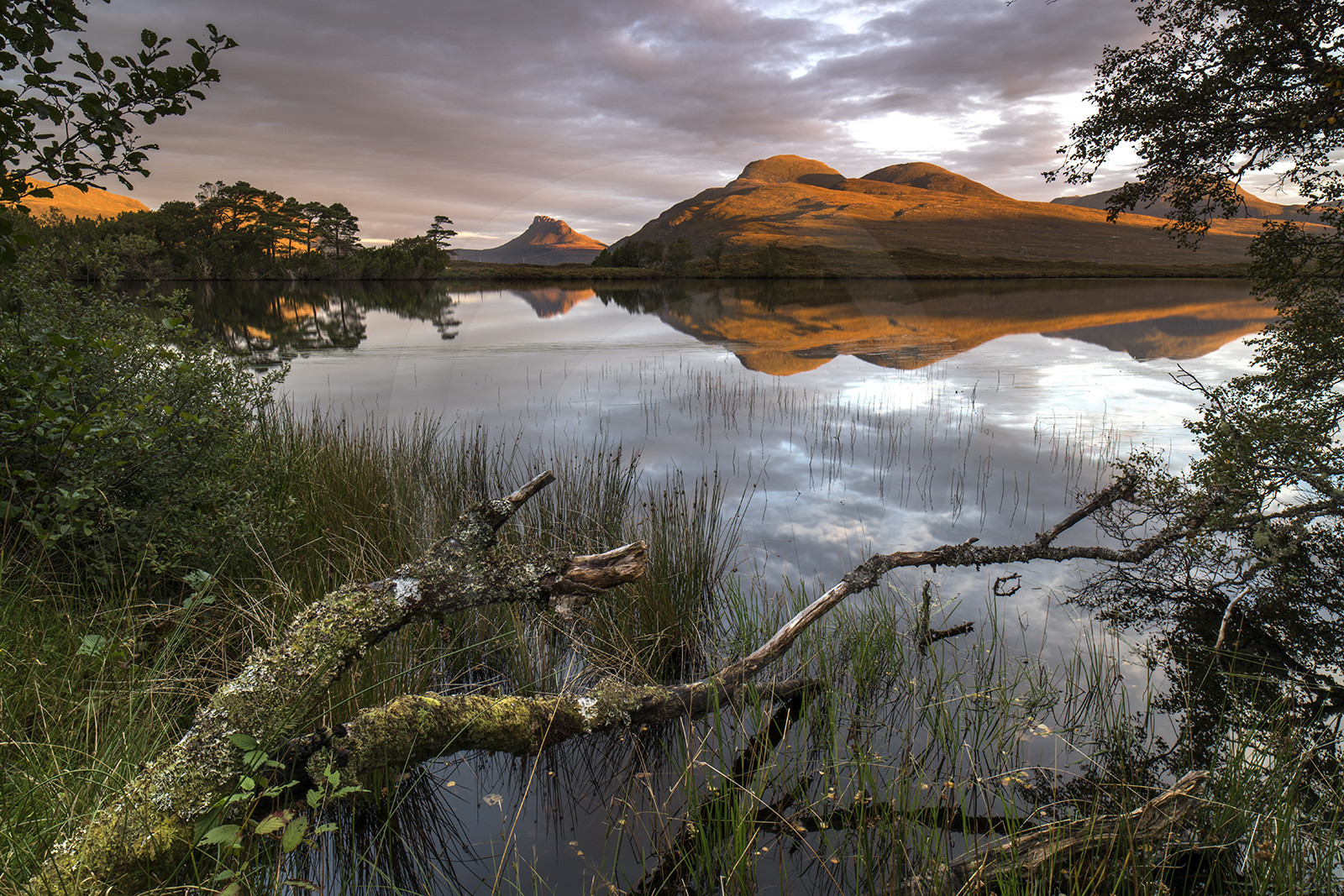 Reflets du matin dans le loch Cul Dromannan. Stac Pollaidh au loin.
