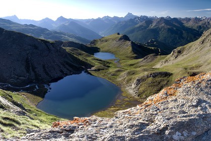 The Malrif lakes Mézan and petit Laus. Mount Viso in the distance.
